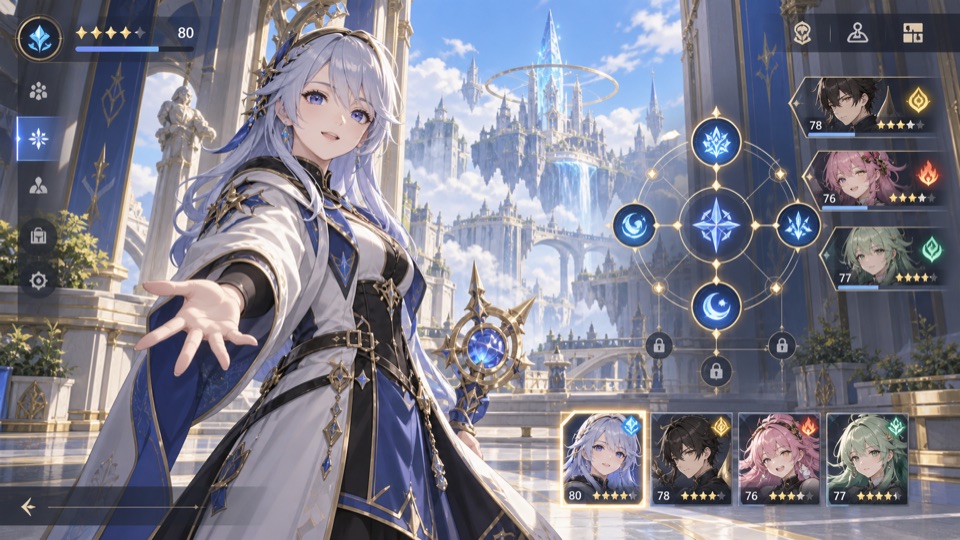 アニメ調ゲームのキャラクター、編成、育成画面。