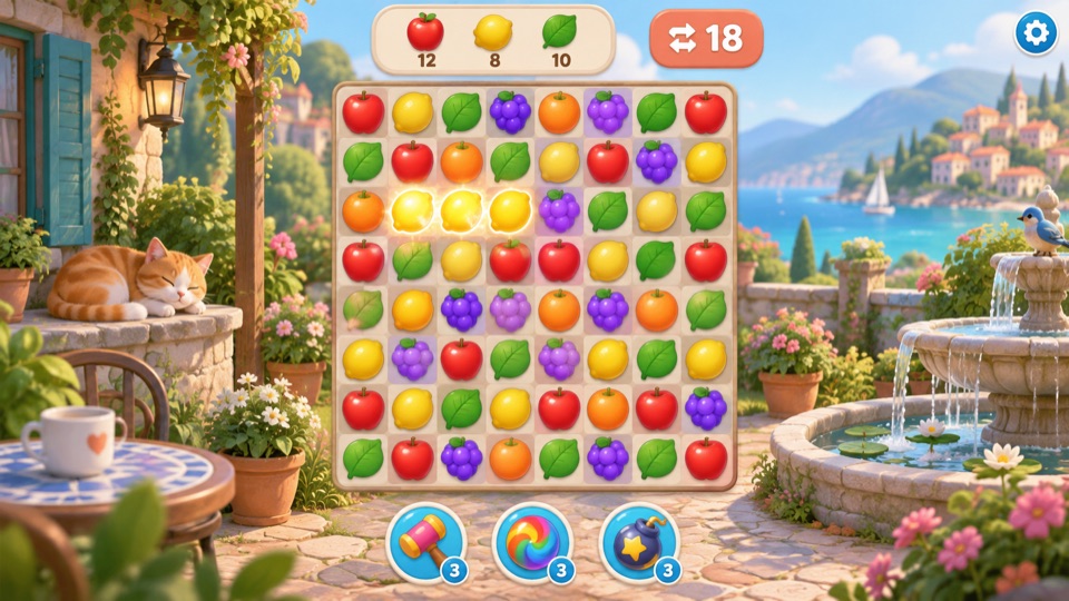 目標とアイテムが表示されたマッチ3パズル画面。