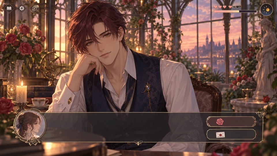会話ウィンドウと選択肢がある乙女ゲームのキャラクター画面。