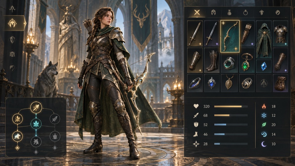 RPGのキャラクター、装備、所持品、スキル画面。
