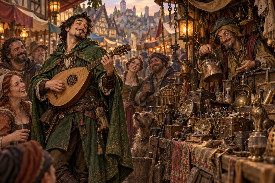 A green-cloaked bard playing a lute among listeners and junk stalls in a medieval market