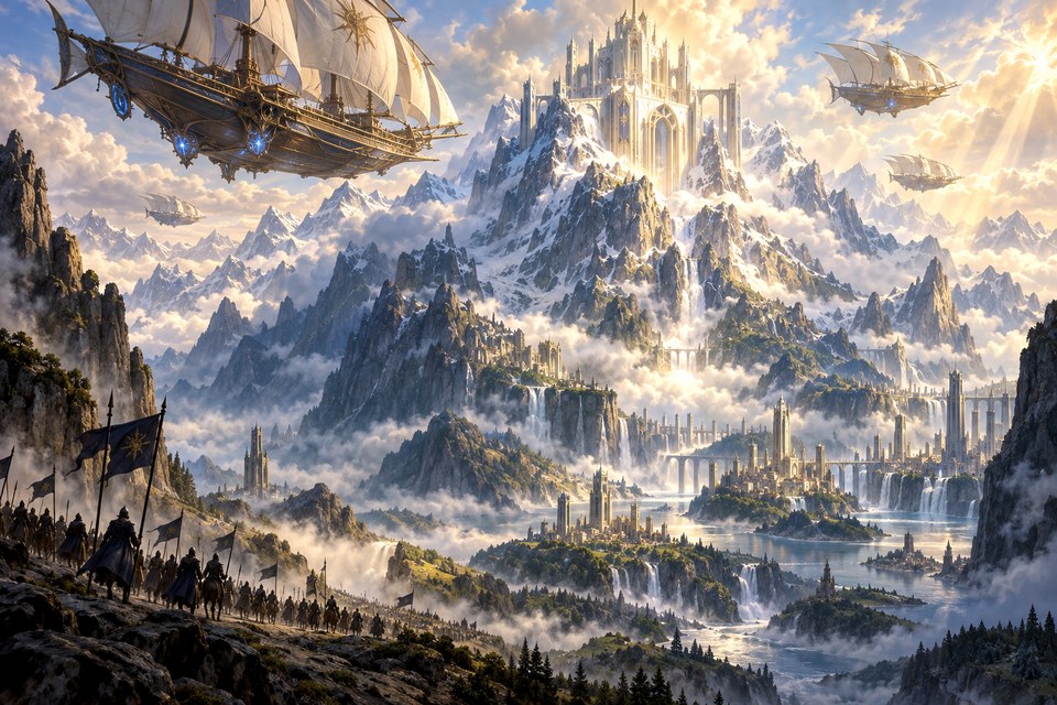 Arcane skyships above mountain temples, with a mortal army approaching the peaks