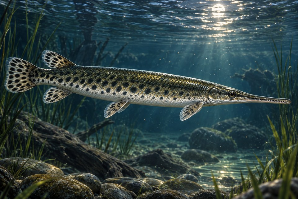 A dark spotted gar swimming in clear freshwater, light picking out its scales and markings